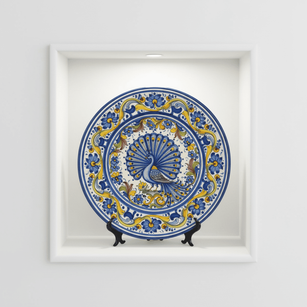 Italian Art-Inspired Blue Peacock and Floral Decorative Plate - Image 5