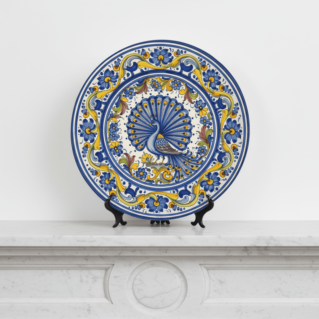 Italian Art-Inspired Blue Peacock and Floral Decorative Plate - Image 6