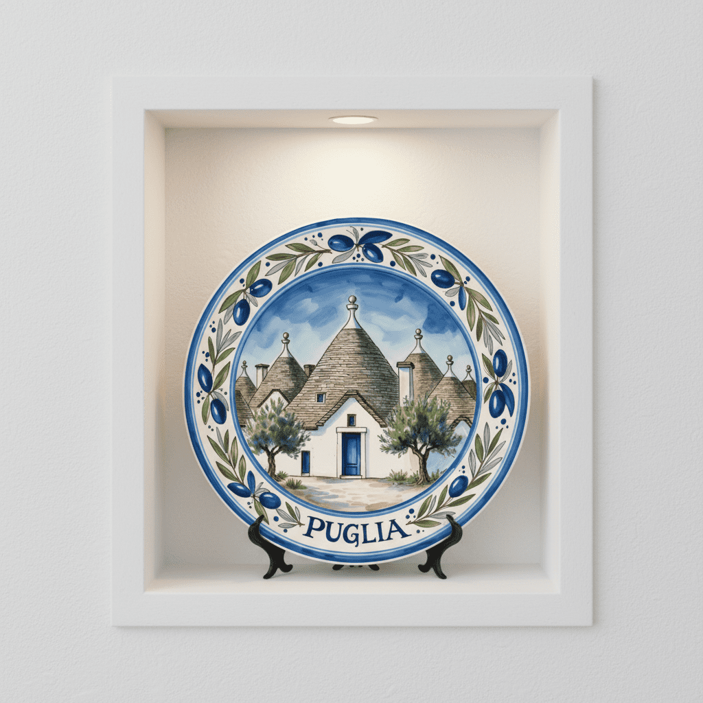 Puglia Inspired Decorative Plate with Stand, Trulli House Art, Mediterranean Ceramic Style Decor - Image 2