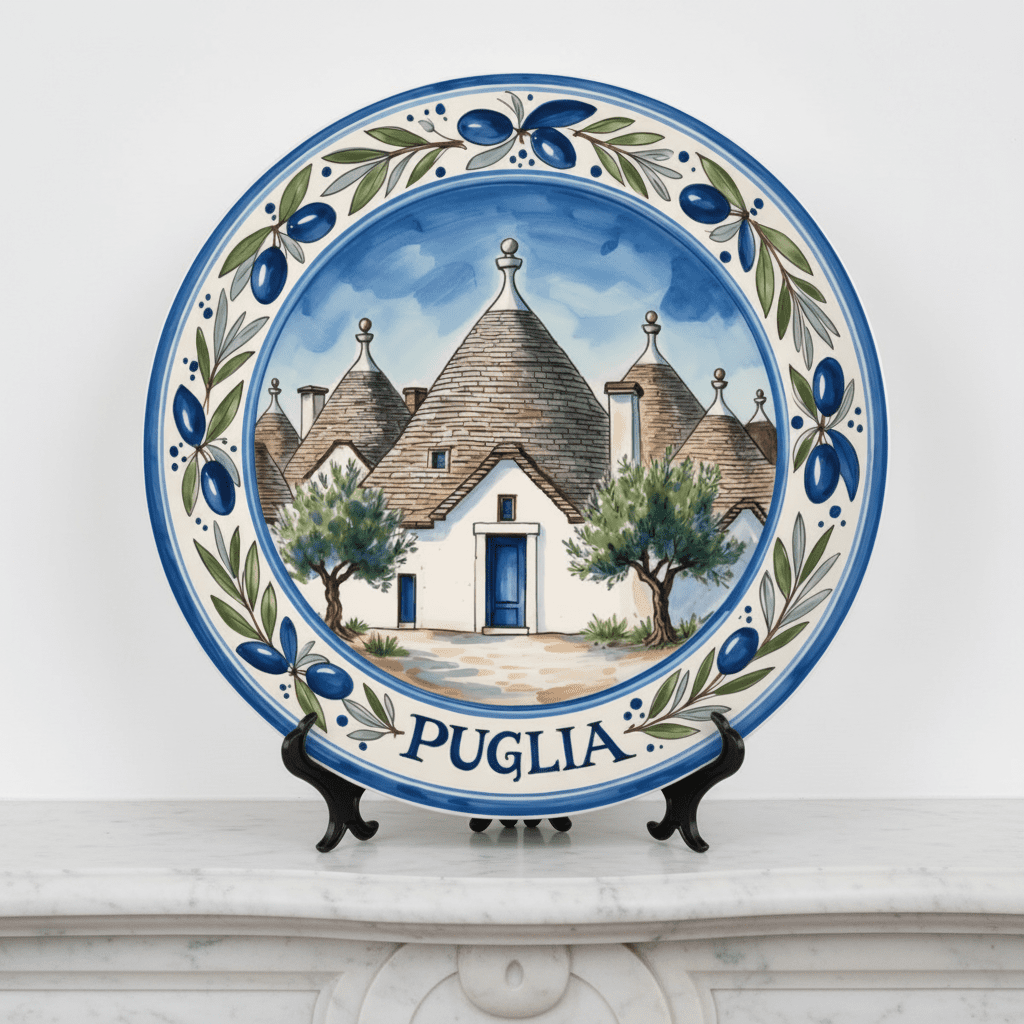 Puglia Inspired Decorative Plate with Stand, Trulli House Art, Mediterranean Ceramic Style Decor - Image 3