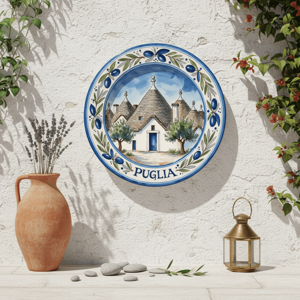 Puglia Inspired Decorative Plate with Stand, Trulli House Art, Mediterranean Ceramic Style Decor - Image 4