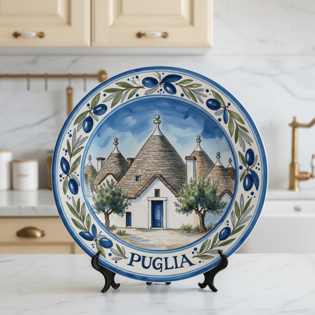 Puglia Inspired Decorative Plate with Stand, Trulli House Art, Mediterranean Ceramic Style Decor - Image 5