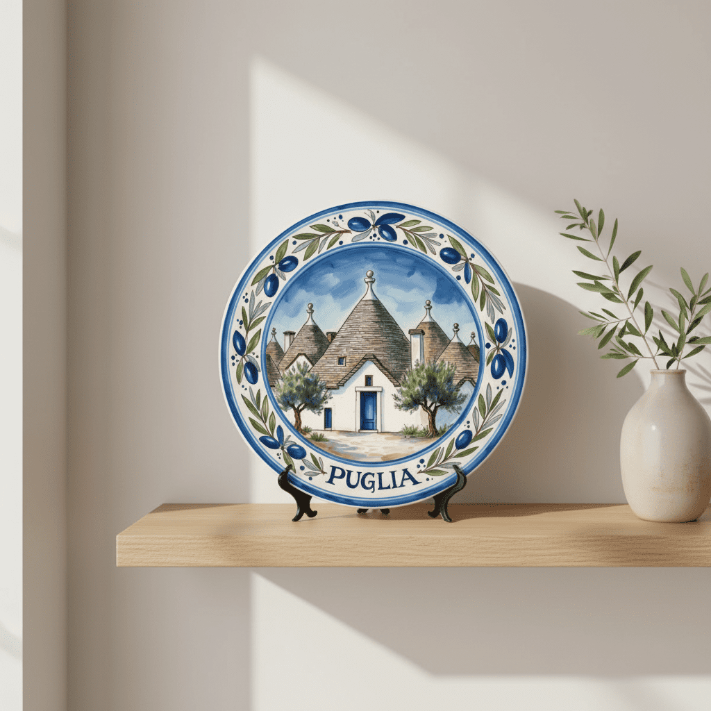 Puglia Inspired Decorative Plate with Stand, Trulli House Art, Mediterranean Ceramic Style Decor - Image 6