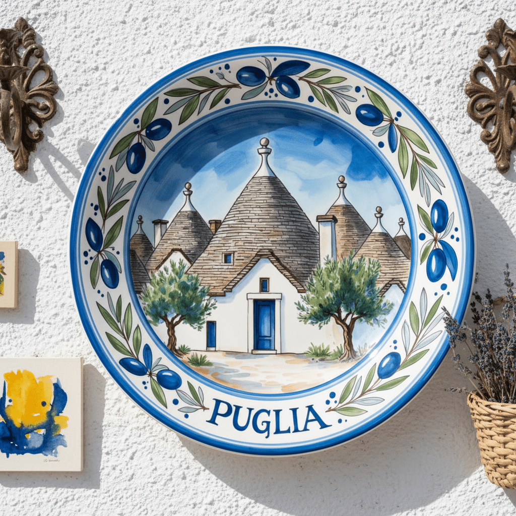 Puglia Inspired Decorative Plate with Stand, Trulli House Art, Mediterranean Ceramic Style Decor - Image 7