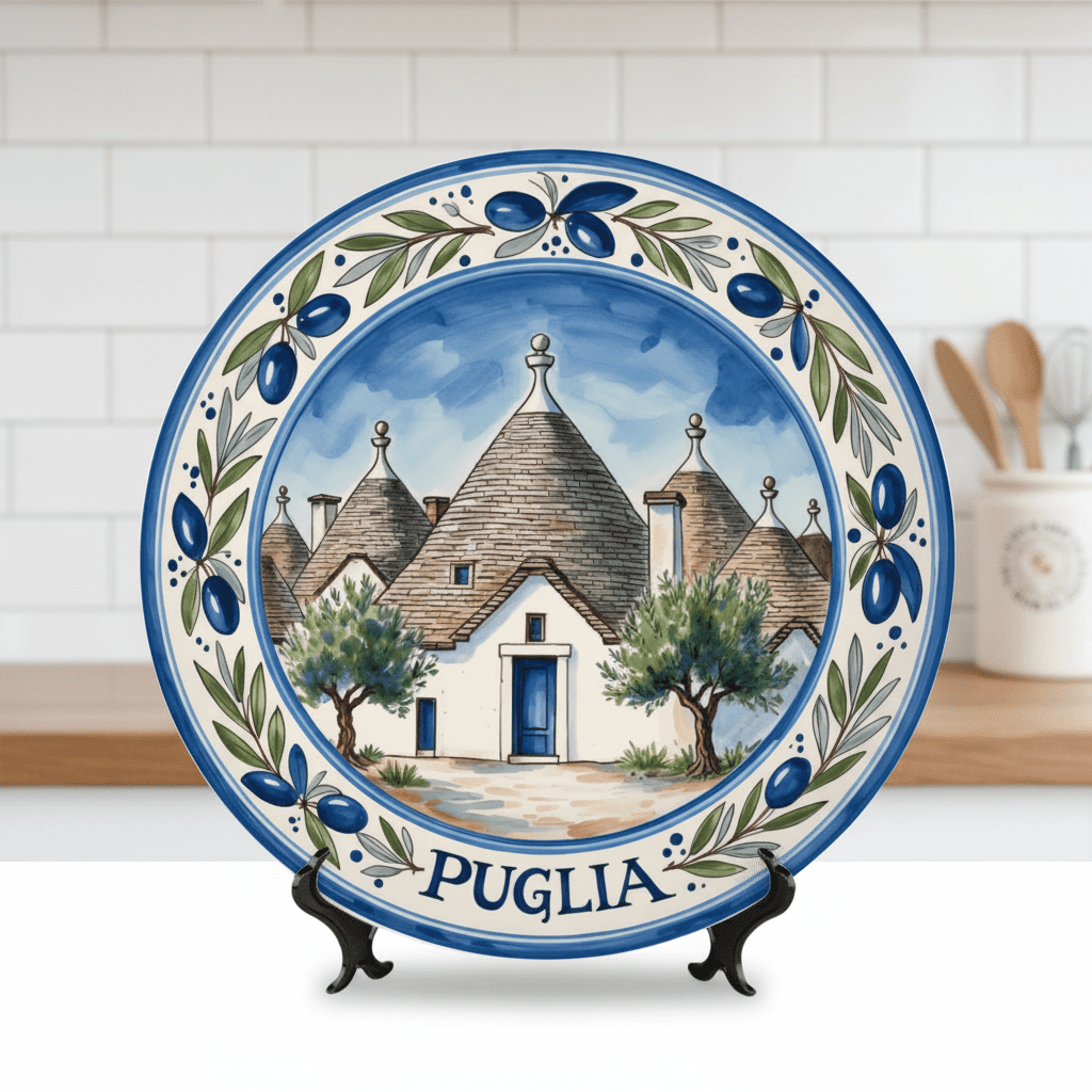 Puglia Inspired Decorative Plate with Stand, Trulli House Art, Mediterranean Ceramic Style Decor - Image 8