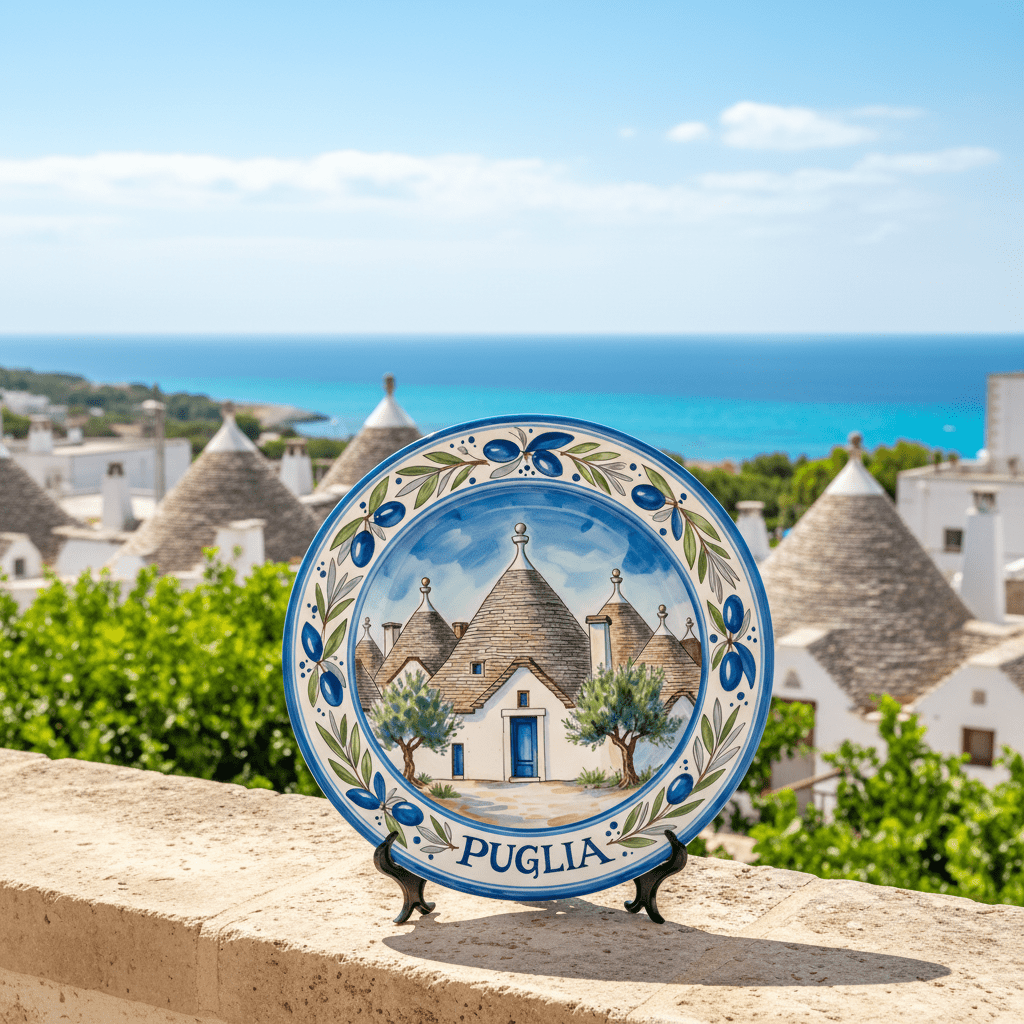 Puglia Inspired Decorative Plate with Stand, Trulli House Art, Mediterranean Ceramic Style Decor - Image 9