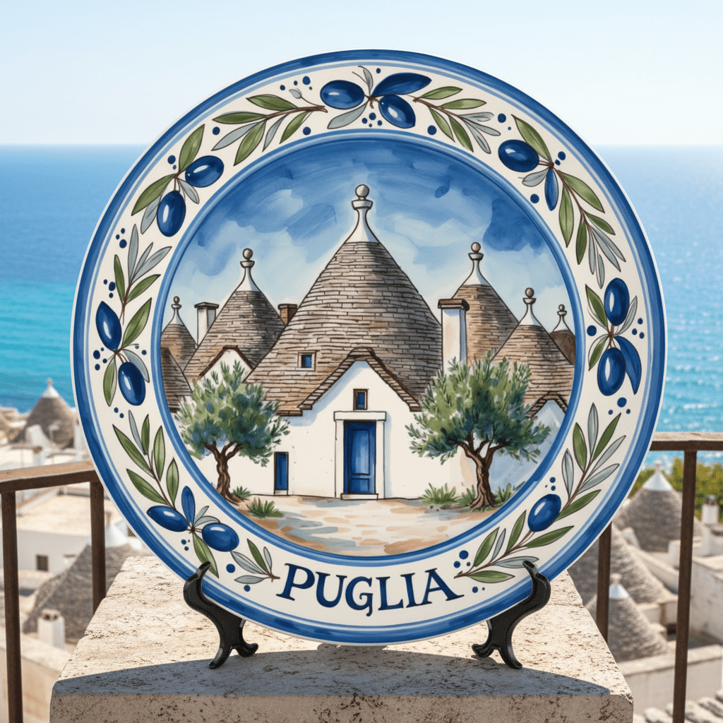 Puglia Inspired Decorative Plate with Stand, Trulli House Art, Mediterranean Ceramic Style Decor - Image 10