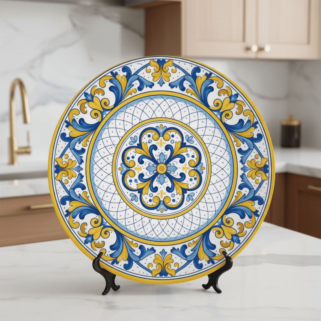 Tuscan Home Decor Inspired by Florence Renaissance Scroll Motif Decorative Plate Including Stand - Image 8