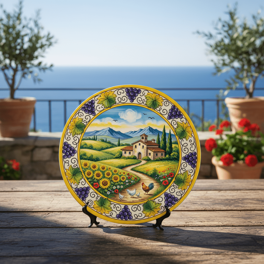 Tuscan Inspired Decorative Plate with Stand, Italian Farmhouse Art, Sunflowers and Vineyard Decor - Image 2