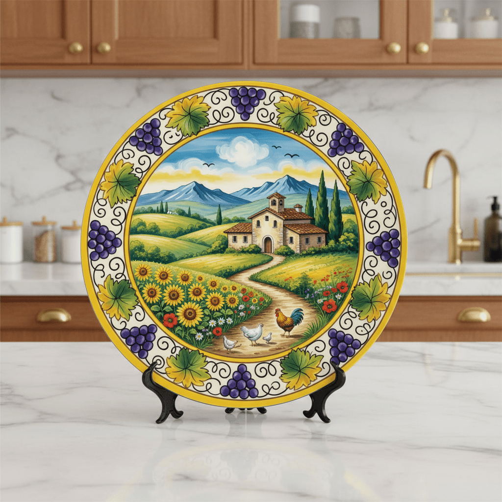 Tuscan Inspired Decorative Plate with Stand, Italian Farmhouse Art, Sunflowers and Vineyard Decor - Image 5